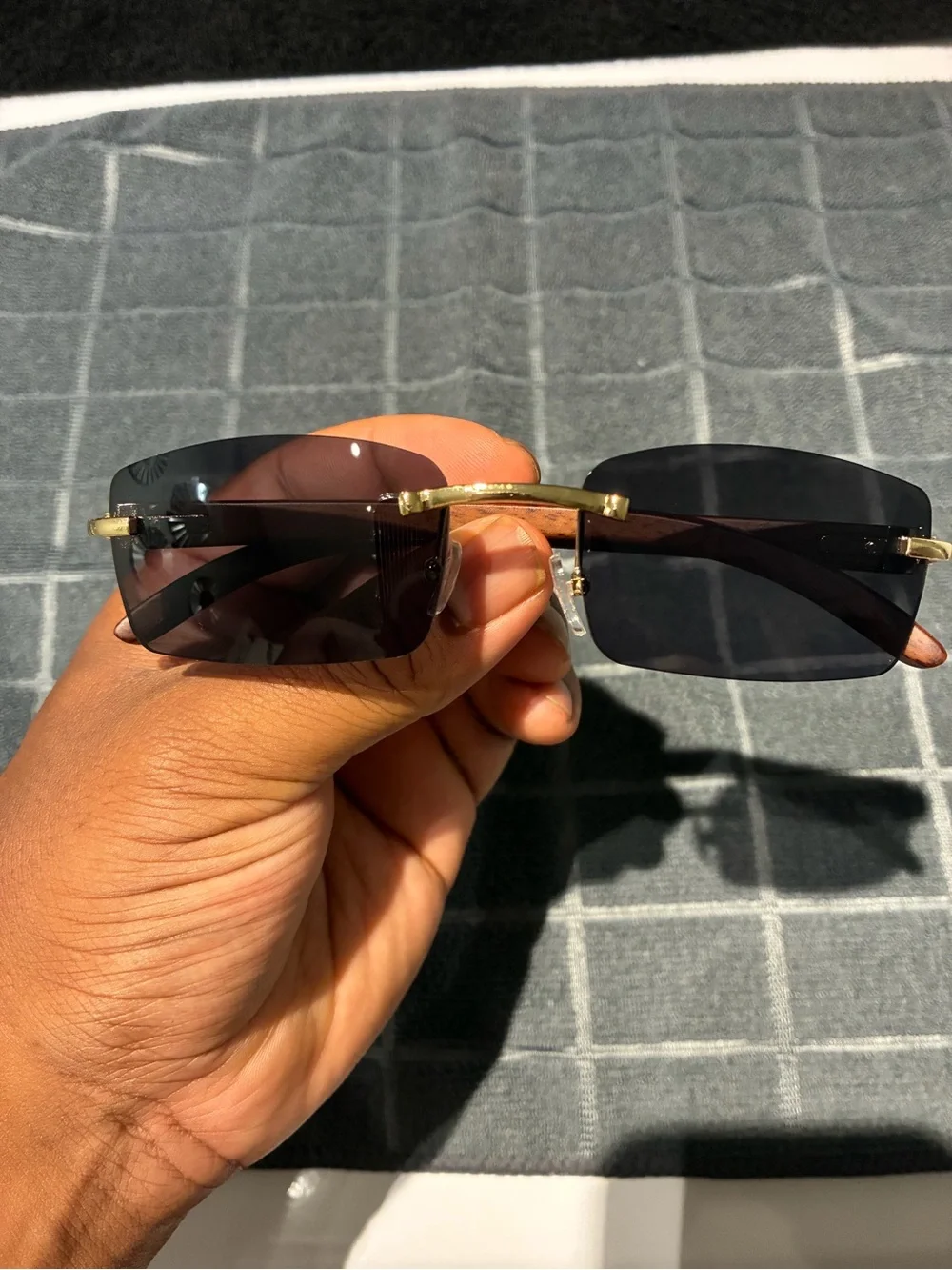 Men's Rimless Sunglasses with Gold Bridge - Black Lenses